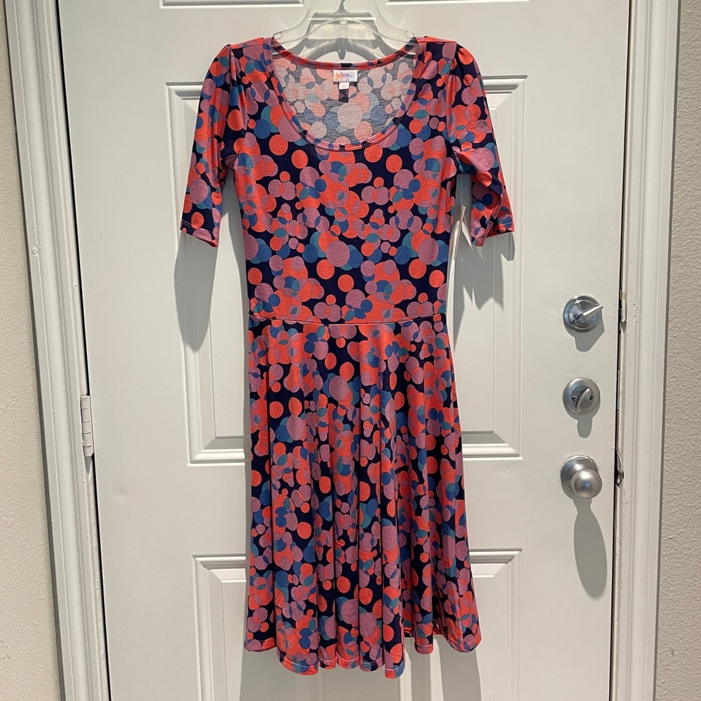 Lularoe Nicole Circle Dots Pink Blue A-line Short Sleeve Sundress Size Small